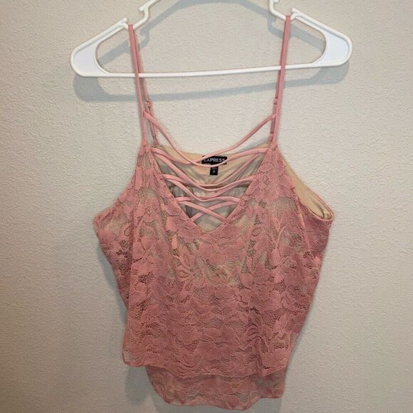 Express Lacey Layered Flowy Top Shirt Size Medium Light Pink Tan - Picture 1 of 7